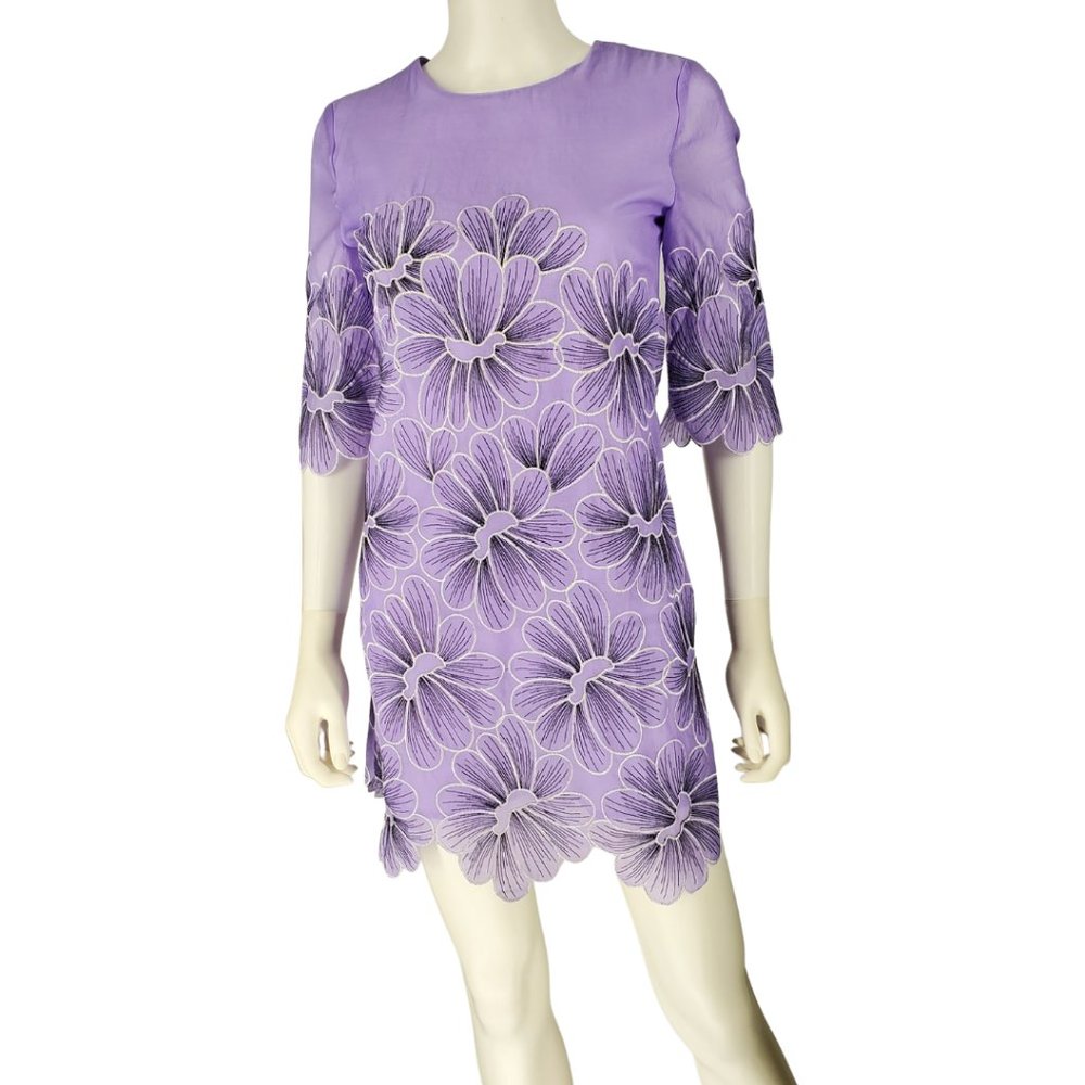 Nexiia Lavender Floral Mini Dress with Floral Hem Cutouts Short Sleeve